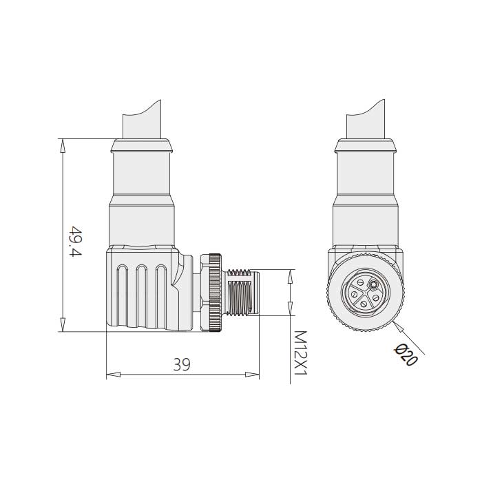 M12 5Pin、L-coded、公頭90°、單端預鑄PUR柔性電纜、黑色護套、64LS65-XXX