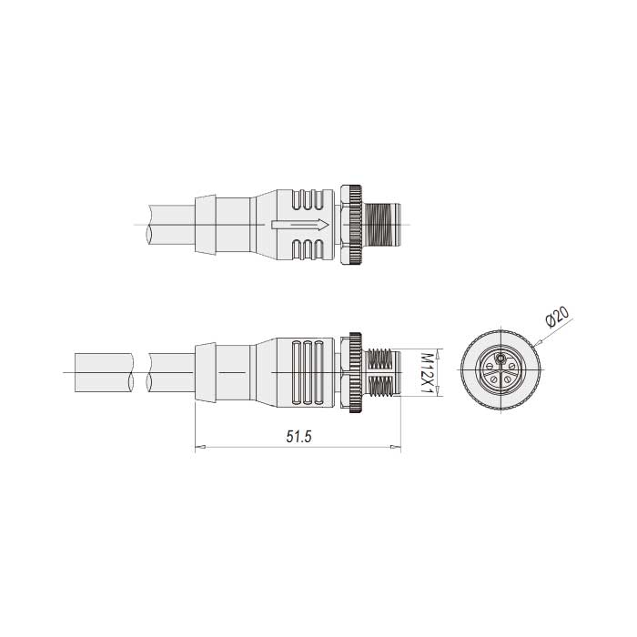 M12 5Pin、L-coded、公頭直型、單端預鑄PVC非柔性電纜、黃色護套、64LS23-XXX