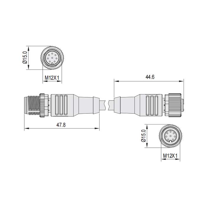 M12 8Pin、母頭直型轉公頭直型、雙端預鑄PUR柔性電纜、帶屏蔽、黑色護套、64D385-XXX