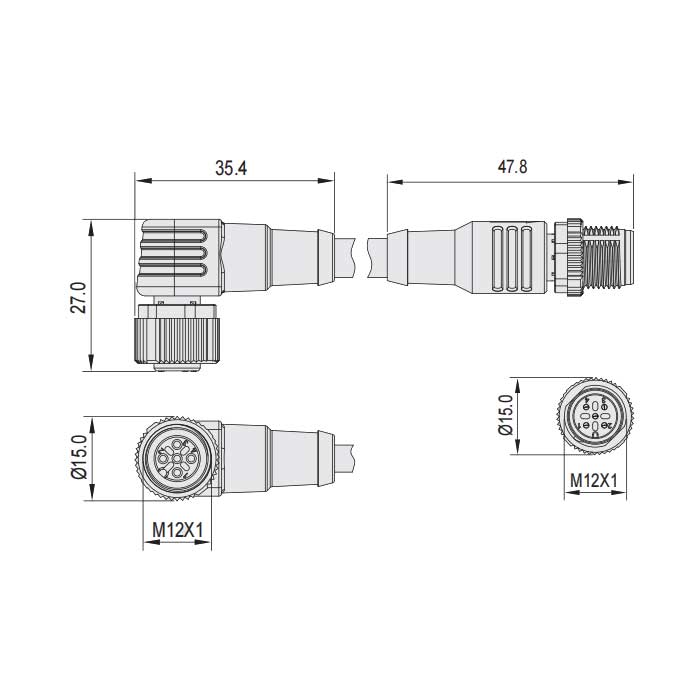 M12 5Pin 、母頭90°轉公頭直型、雙端預鑄PVC非柔性電纜、帶屏蔽、灰色護套、64D327-XXX