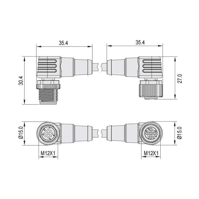 M12 4Pin、母頭90°轉公頭90°、雙端預鑄PVC非柔性電纜、灰色護套、64D463-XXX