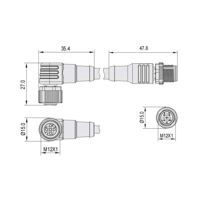 M12 4Pin、母頭90°轉公頭直型、雙端預鑄PUR柔性電纜、帶屏蔽、黑色護套、64D225-XXX