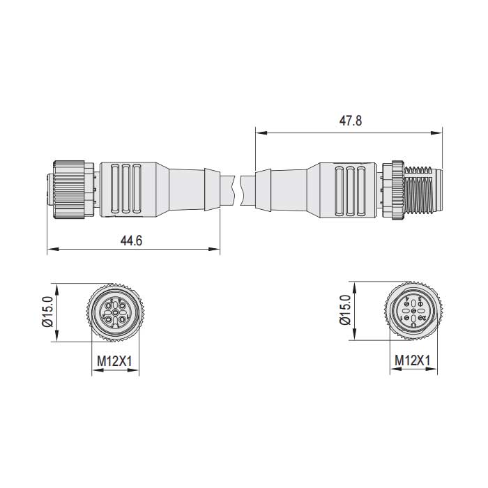 M12 4Pin、母頭直型轉公頭直型、雙端預鑄PUR柔性電纜、黑色護套、64D181-XXX