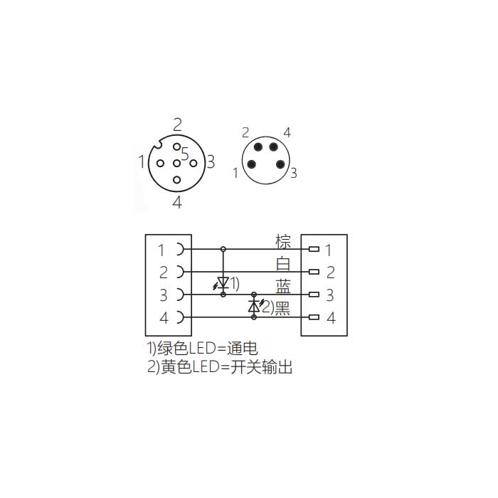 M12母頭90°帶LED轉(zhuǎn)M8公頭直型、4Pin、雙端預(yù)鑄PUR柔性電纜、黑色護(hù)套、64D101-XXX