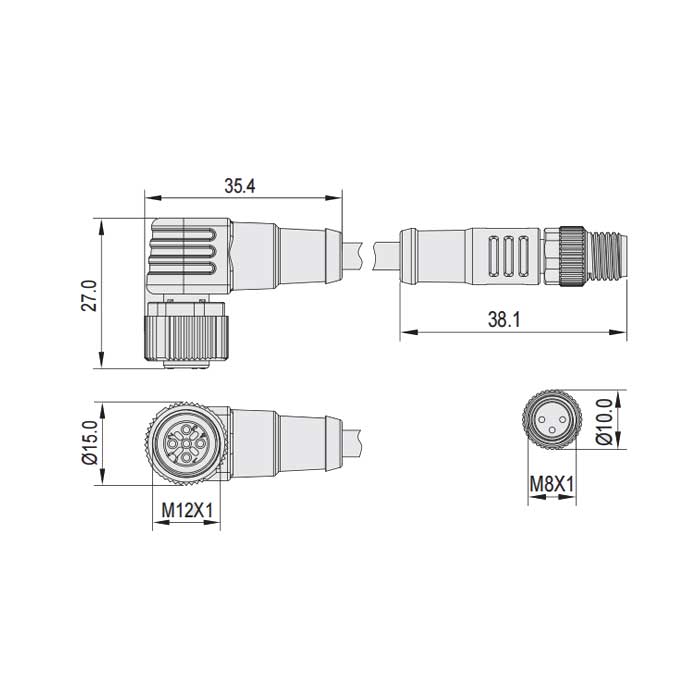 M12母頭90°帶LED燈轉M8公頭直型、3Pin、雙端預鑄PUR柔性電纜、黑色護套、64D041-XXX 