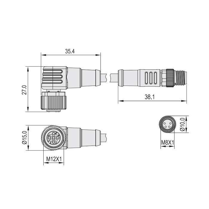 M12母頭直型轉M8公頭直型、4Pin、雙端預鑄PUR柔性電纜、黑色護套、64D081-XXX