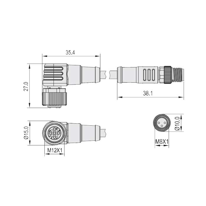 M12母頭90°轉M8公頭直型、3Pin、雙端預鑄PVC非柔性電纜、灰色護套、64D023-XXX