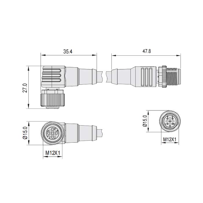 M12 5Pin、母頭90°帶LED燈轉公頭直型、雙端預鑄PVC非柔性電纜、灰色護套、64D363-XXX