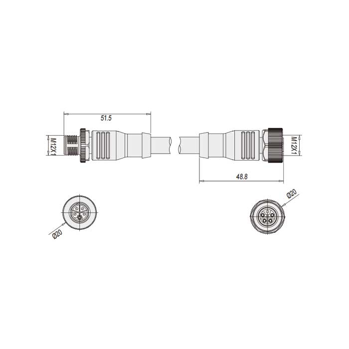 M12 5Pin、L-coded、母頭直型轉(zhuǎn)公頭直型、雙端預(yù)鑄PVC非柔性電纜、黃色護套、64LD03-XXX