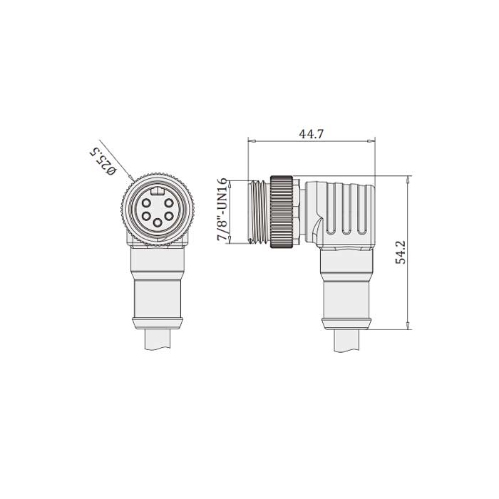 7/8”5Pin、公頭90°、單端預鑄PVC非柔性電纜、灰色護套、0PI051-XXX