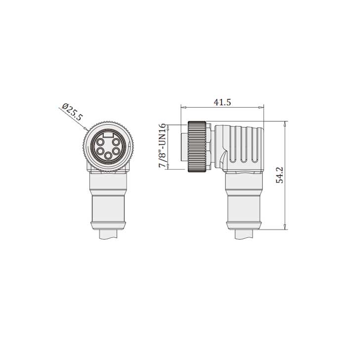 7/8” 5Pin、母頭90°、單端預鑄PVC非柔性電纜、灰色護套、0PI021-XXX