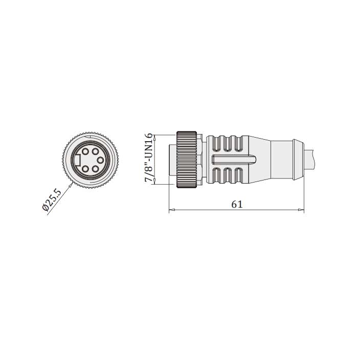 7/8”5Pin、母頭直型、單端預鑄PVC非柔性電纜、黃色護套、0PI003-XXX