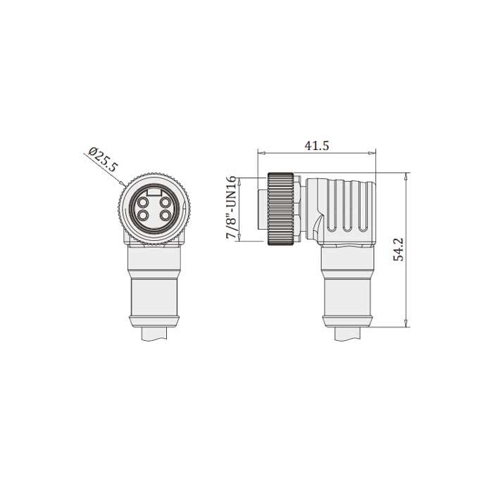 7/8”4Pin、母頭90°、單端預鑄PVC非柔性電纜、黃色護套、0PI183-XXX