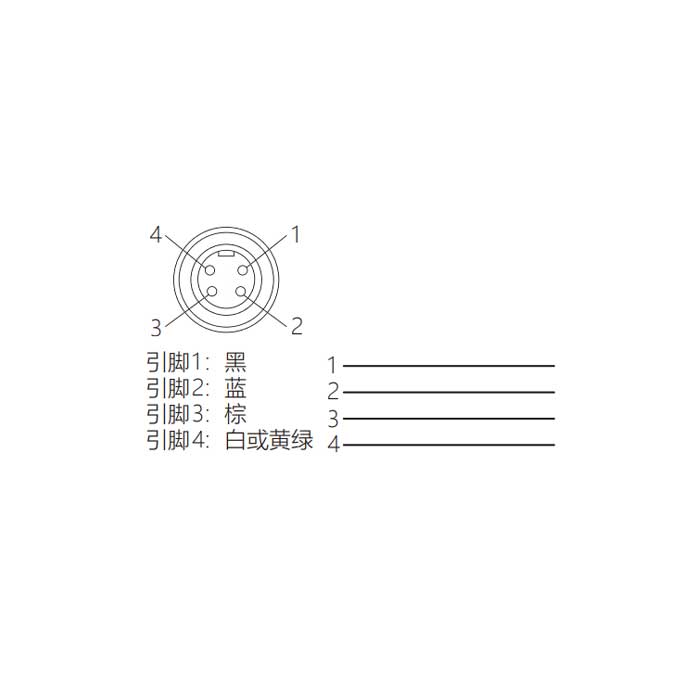 7/8”4Pin、母頭90°、單端預鑄PVC非柔性電纜、黃色護套、0PI183-XXX