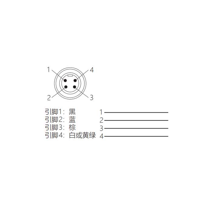 7/8”4Pin、公頭90°、單端預(yù)鑄PUR柔性電纜、黑色護(hù)套、0PI145-XXX