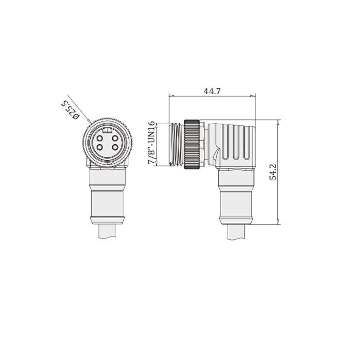 7/8”4Pin、公頭90°、單端預(yù)鑄PUR柔性電纜、黑色護(hù)套、0PI145-XXX