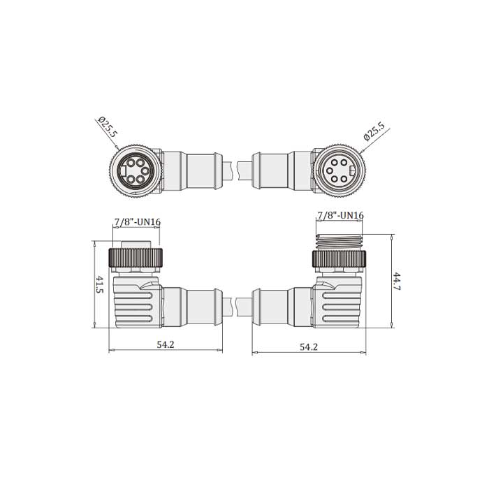 7/8”5Pin 母頭90°轉公頭90°、雙端預鑄PUR柔性電纜、黑色護套、0PI105-XXX